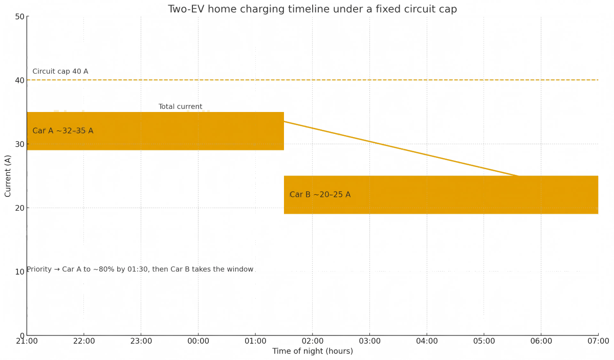 two-EV home charging timeline with dynamic load sharing under a fixed circuit cap