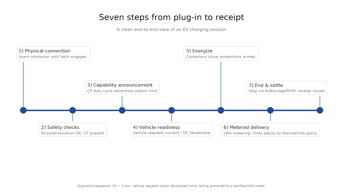 A seven-step timeline of an EV charging session from plug-in to billing A seven-step timeline of an EV charging session from plug-in to billing