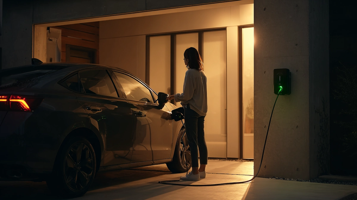 EV charging at home in a garage with a Level 2 wallbox