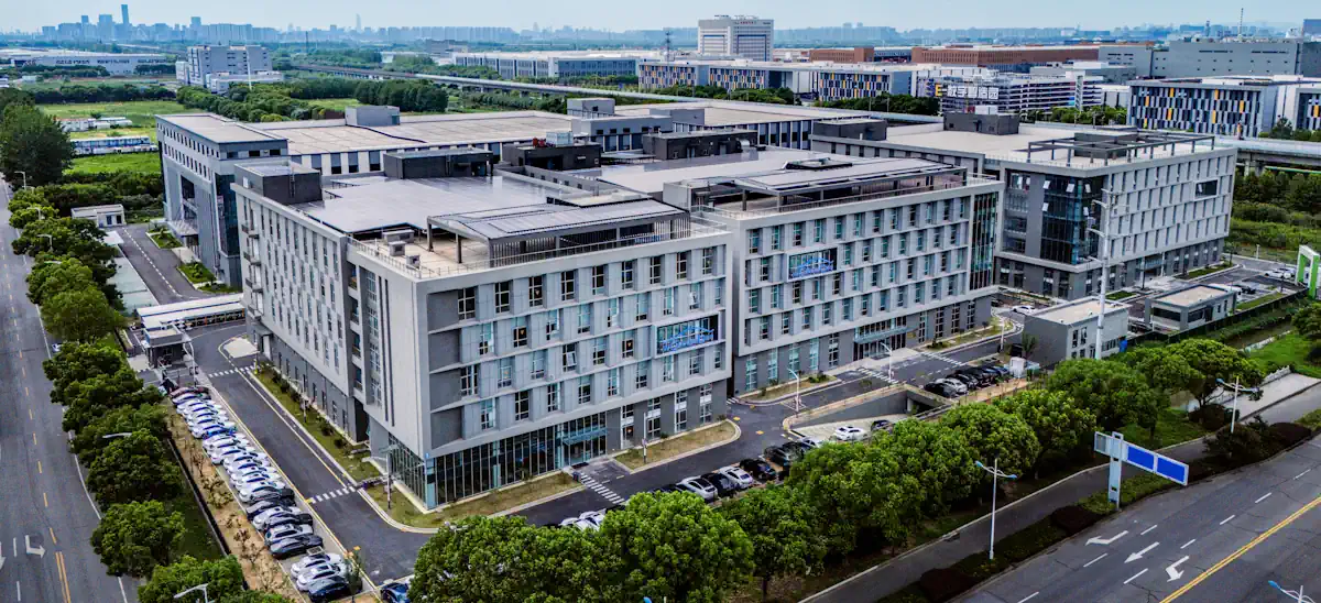Aerial view of a manufacturing campus used for precision machining operations Aerial view of a manufacturing campus used for precision machining operations