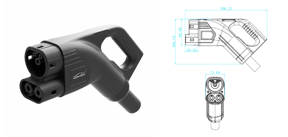 Dimension drawing of the Workersbee 400A CCS2 naturally cooled DC connector Dimension drawing of the Workersbee 400A CCS2 naturally cooled DC connector
