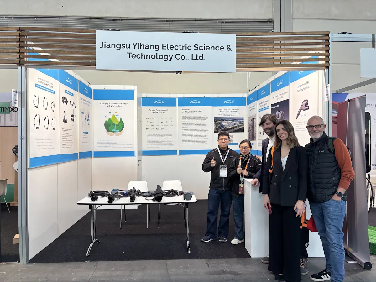 Visitors discussing EV charging products with the Workersbee team at KEY Expo 2026