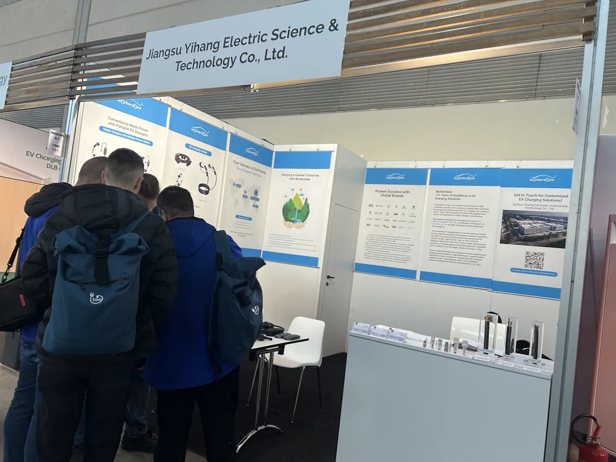 Visitors discussing EV charging products with the Workersbee team at KEY Expo 2026
