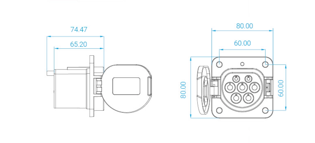 Dimension drawing of Workersbee GBT AC vehicle inlet socket with front and side views for installation reference